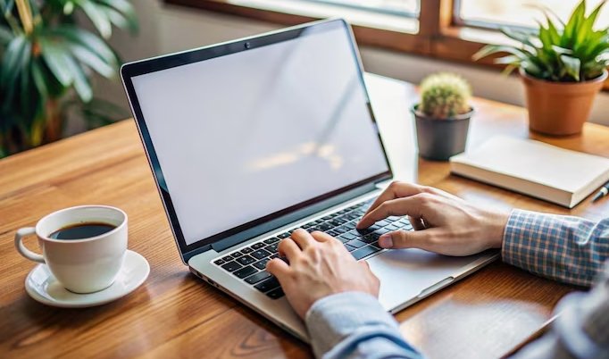 a person is working on laptop with blank screen