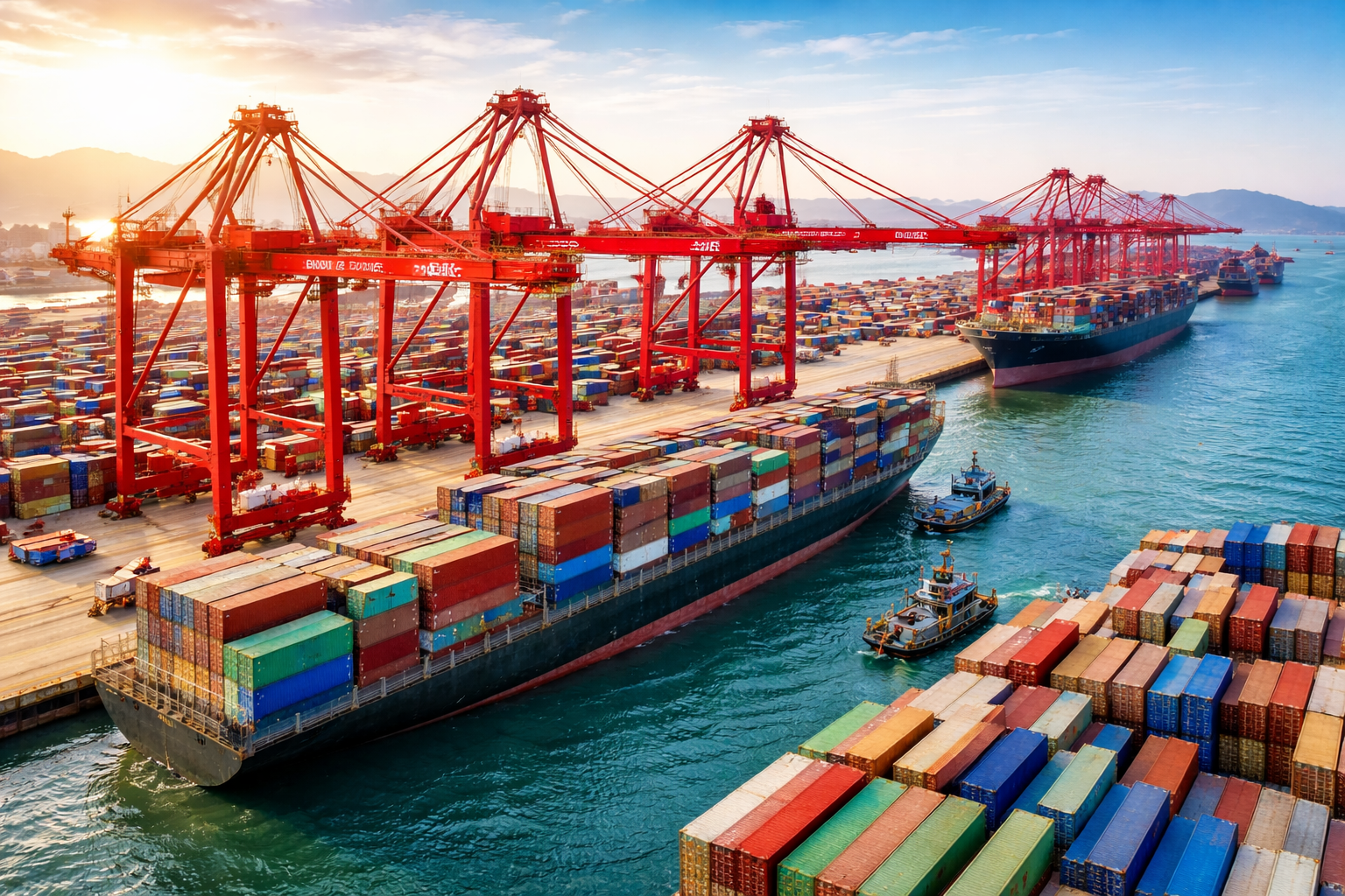 busy port at golden hour