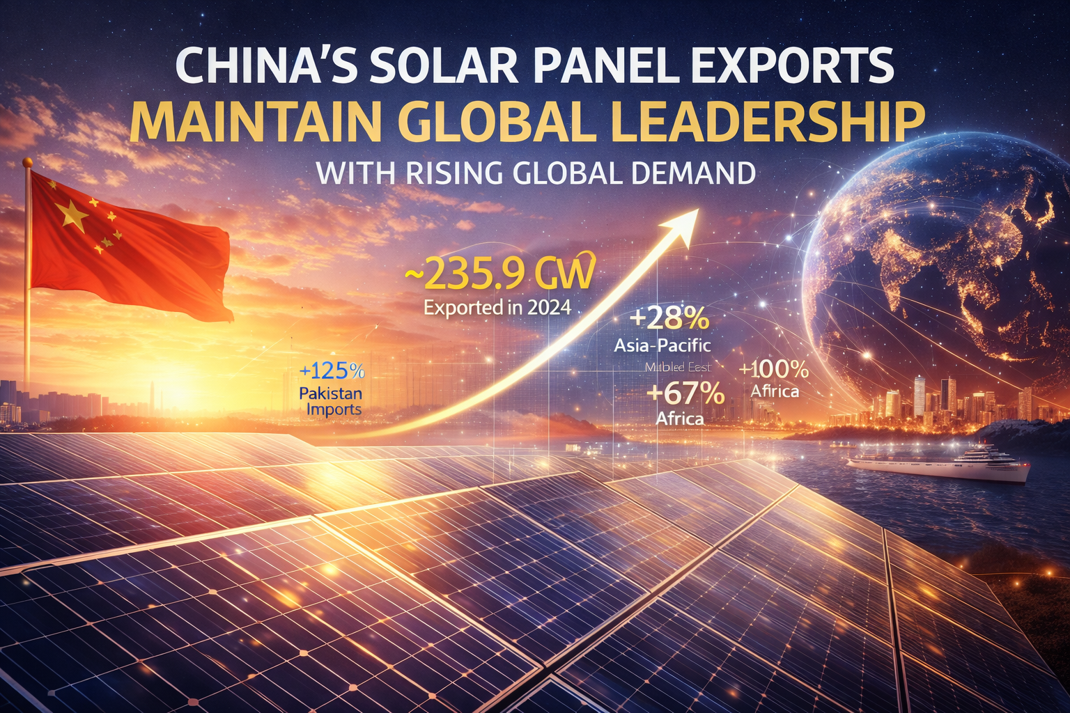 Solar panels stacked for export at a Chinese port with cargo ships and city skyline in background.