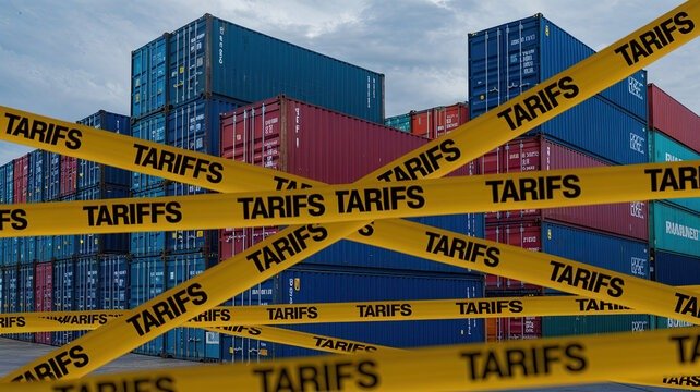 Graphic image of containers with Tariffs tags.