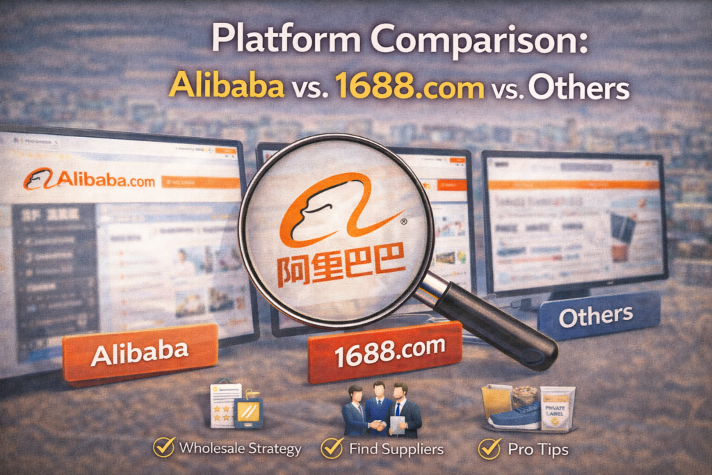 Graphic image showing a comparison of Alibaba, 1688.com, and other platforms.