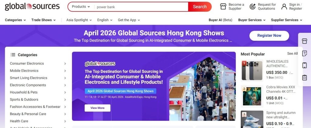 Home page of Global sources platform.