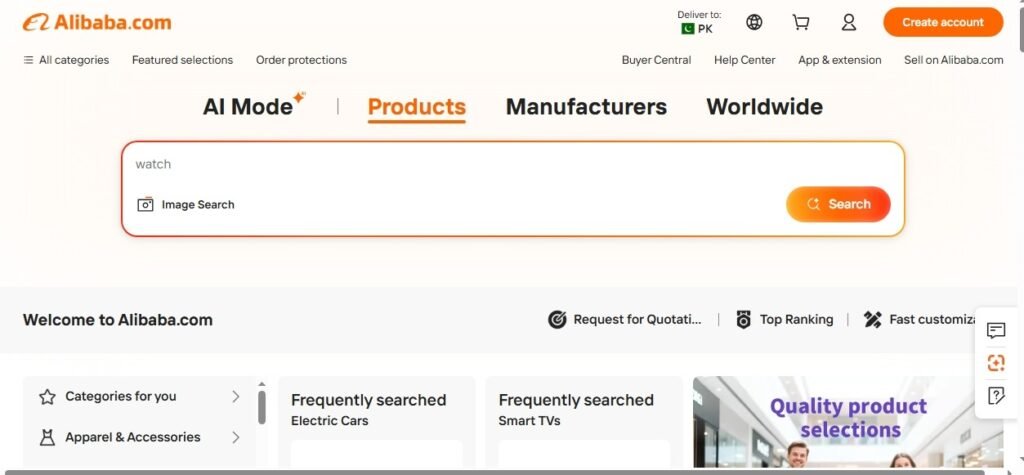 Home page image of Alibaba.com platform.