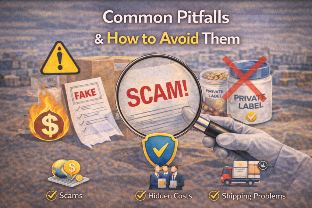 Graphic image showing a warning for scams and fake private-label products.