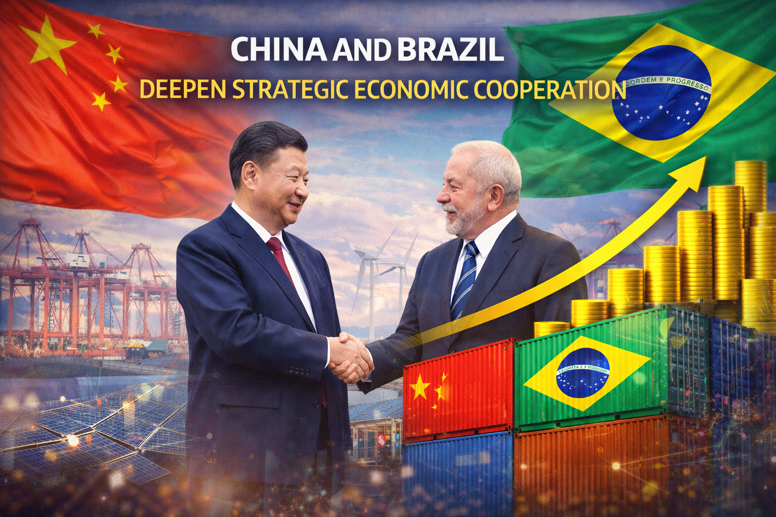 China and Brazil flags with trade arrows and containers showing growing bilateral cooperation in 2026.