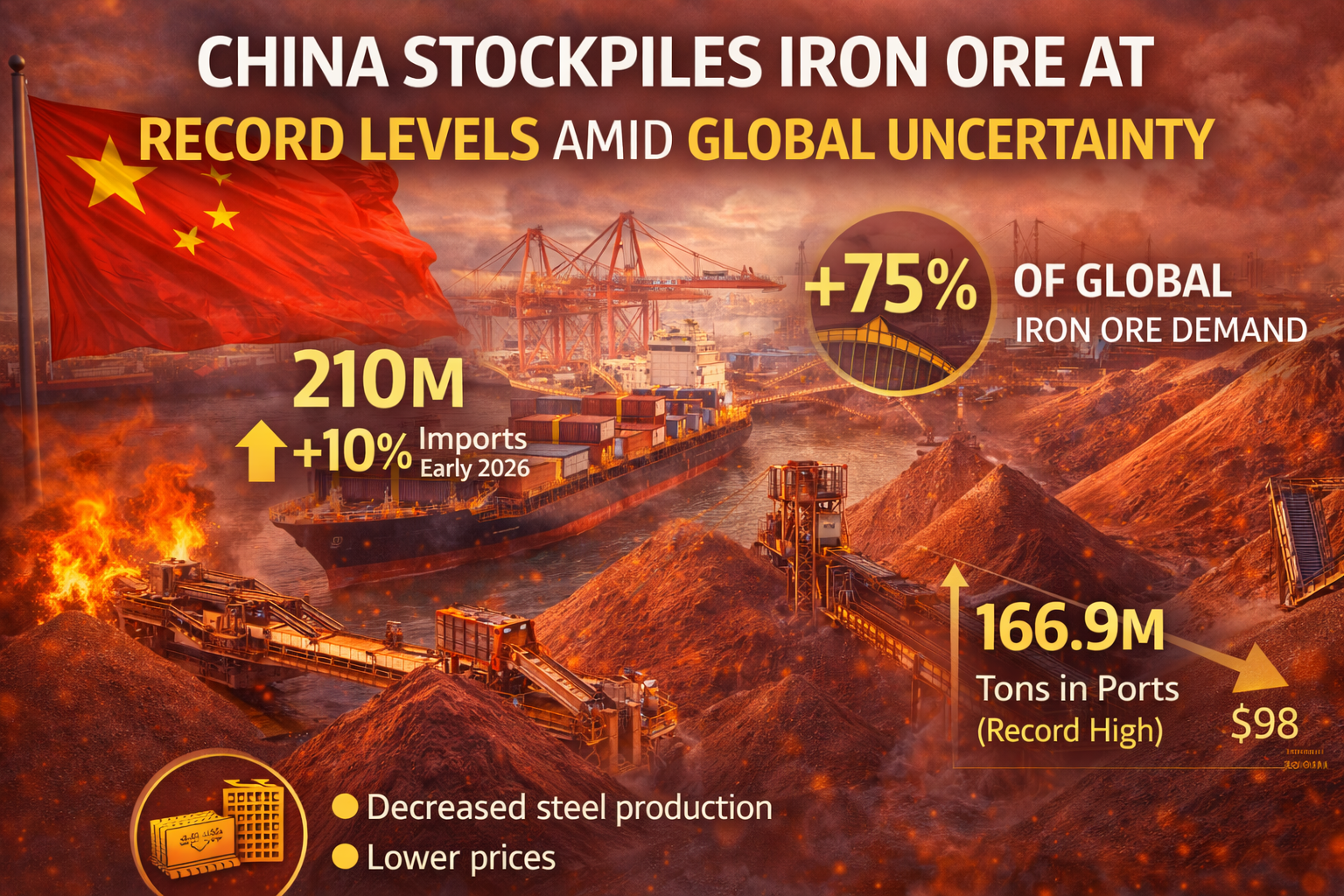 graphic image showing China Stockpiles Iron Ore at Record Levels Amid Global Uncertainty