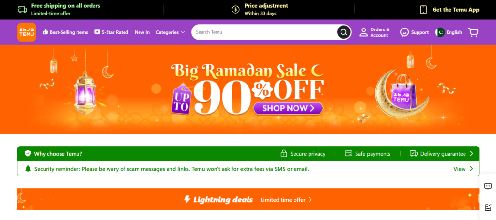 Home page of Temu.com