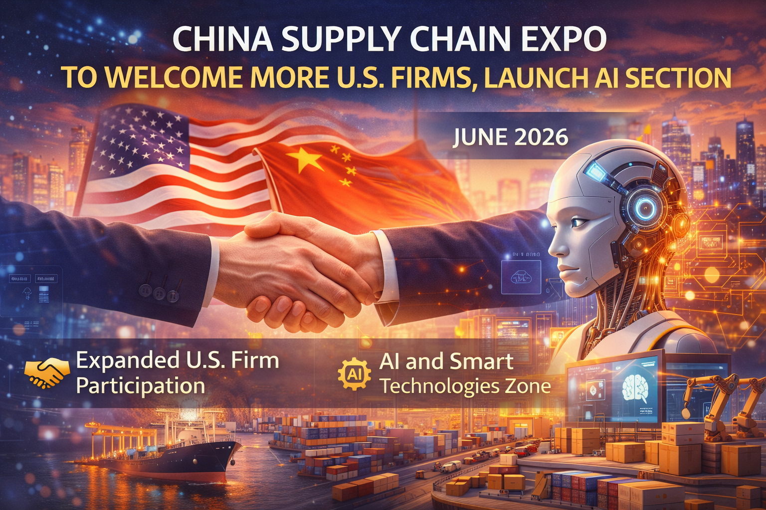 Handshake between U.S. and China flags with AI robot and cargo port symbolizing Supply Chain Expo 2026.