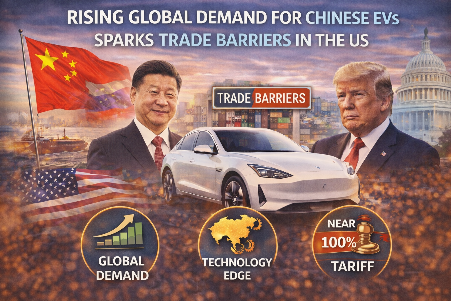 graphic image showing Rising Global Demand for Chinese EVs Sparks Trade Barriers in the US