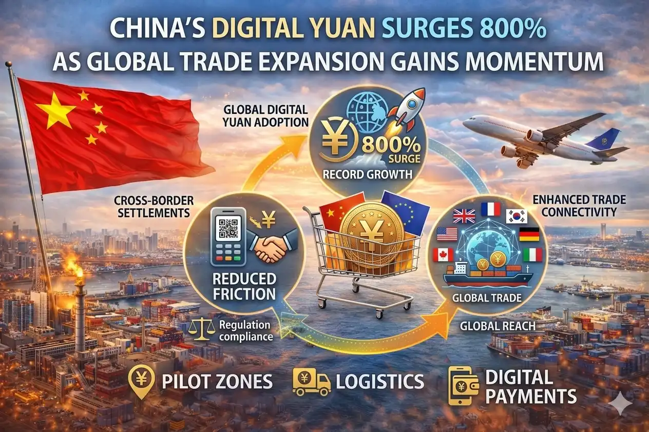 Graphic image shows China’s Digital Yuan Surges 800% as Global Trade Expansion Gains Momentum.