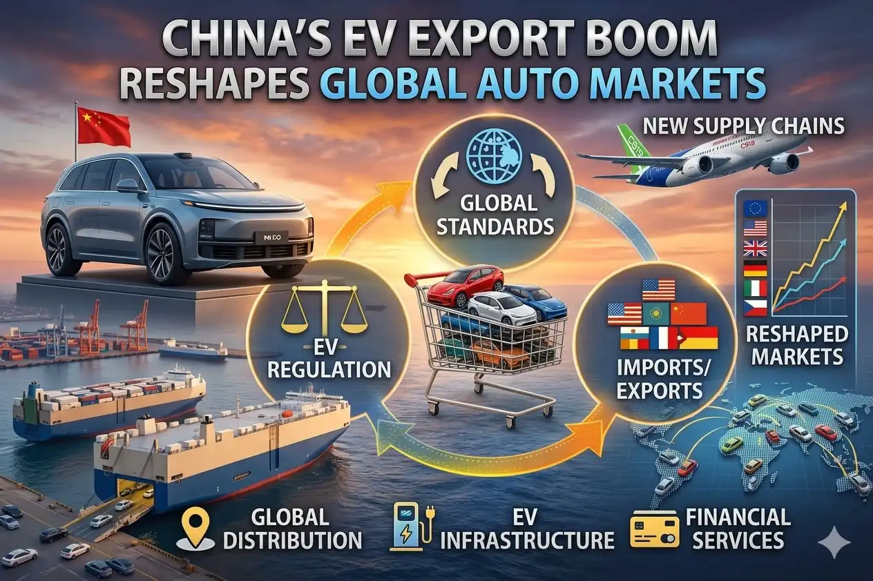 Graphic image shows China’s EV Export Boom Reshapes Global Auto Markets.