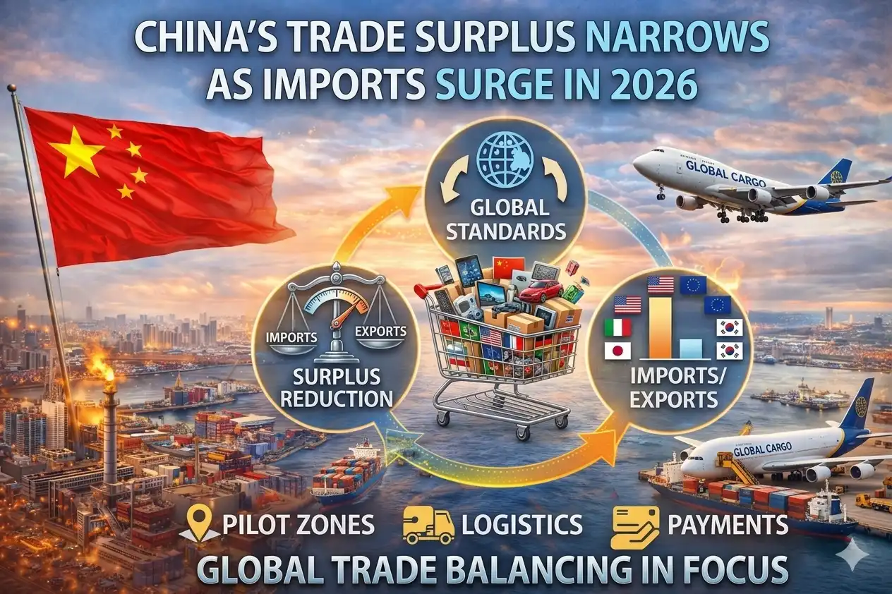 Graphic image shows, China’s Trade Surplus Narrows as Imports Surge in 2026.