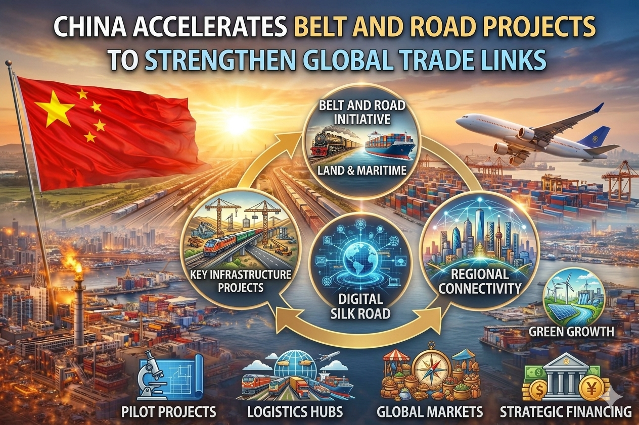 Graphic image showing China Accelerates Belt and Road Projects to Strengthen Global Trade Links.
