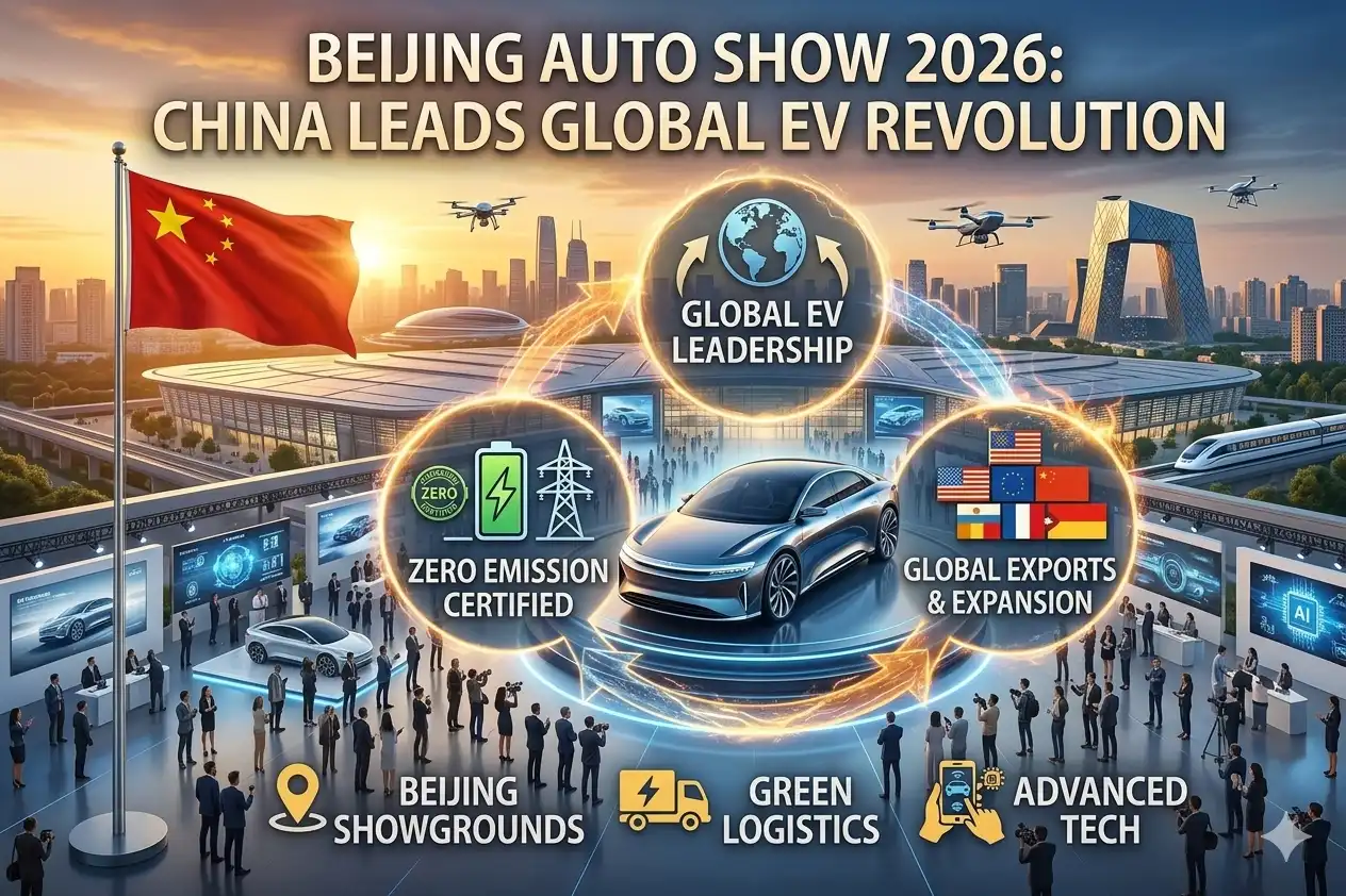 Graphic image shows Beijing Auto Show 2026: China Leads Global EV Revolution.