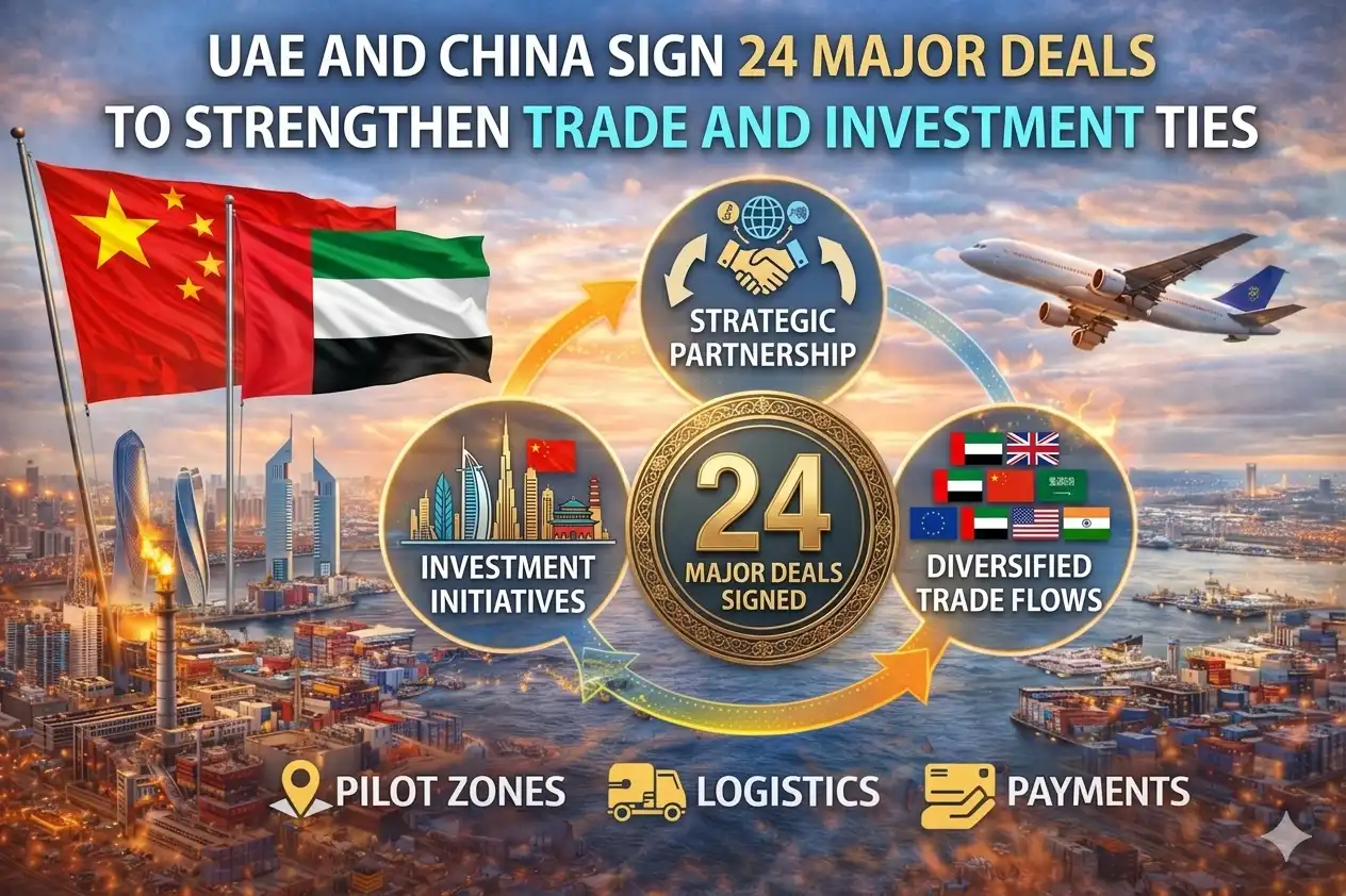 UAE and China Sign Graphic image showing 24 Major Deals to Strengthen Trade and Investment Ties.
