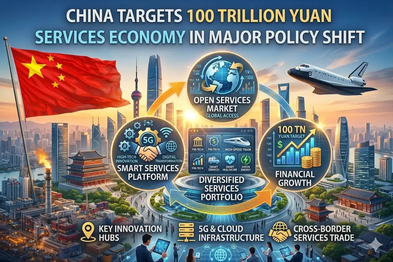 Grapgic image showing China Targets 100 Trillion Yuan Services Economy in Major Policy Shift.