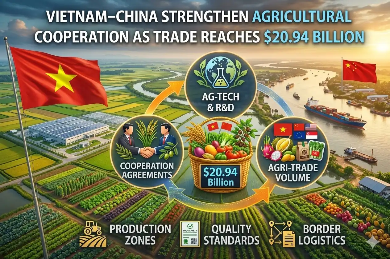Graphic image showing Vietnam–China Strengthen Agricultural Cooperation as Trade Reaches $20.94 Billion.