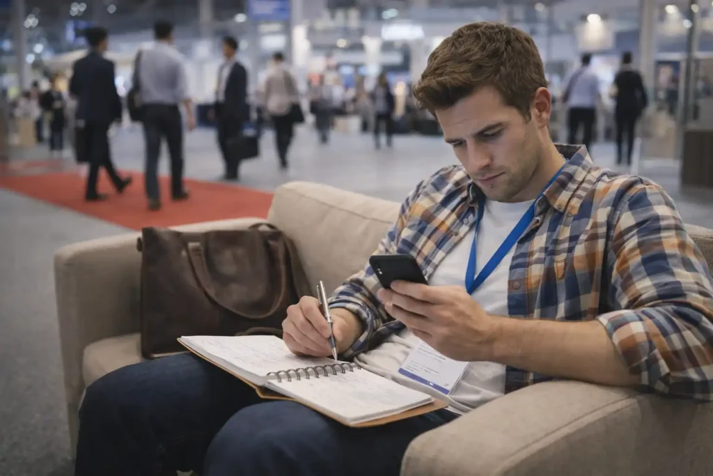 First-time Canton Fair visitor reviewing supplier notes inside the exhibition center after meetings.