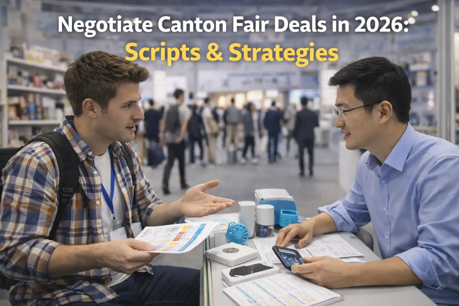 International buyer trying to negotiate canton fair while discussing product details and pricing.