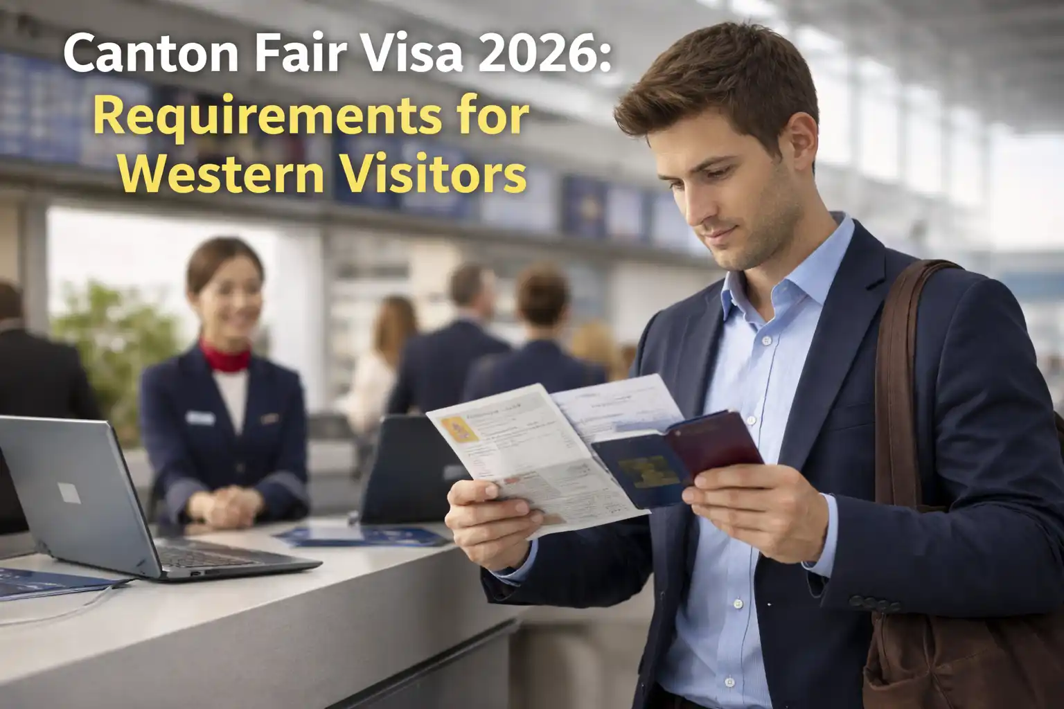 Western business traveler checking travel documents, including Canton Fair Visa for the Canton Fair
