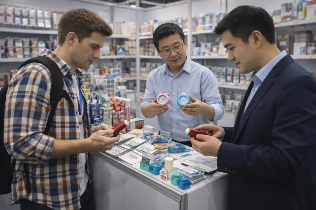 International buyers reviewing small consumer products with a supplier at a Yiwu trade fair booth. 