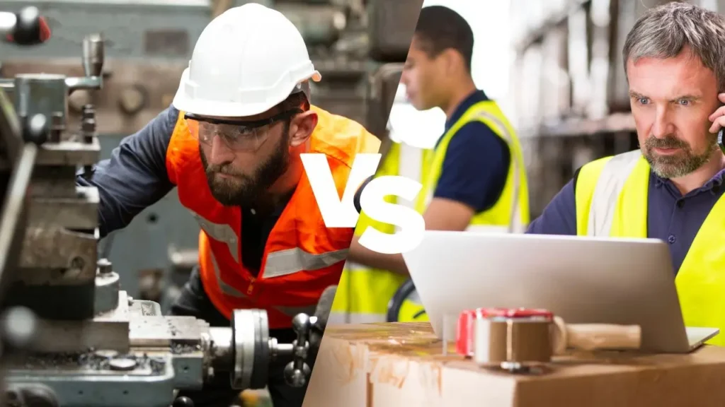Two people showing the difference between a manufacturing company and a trading company.