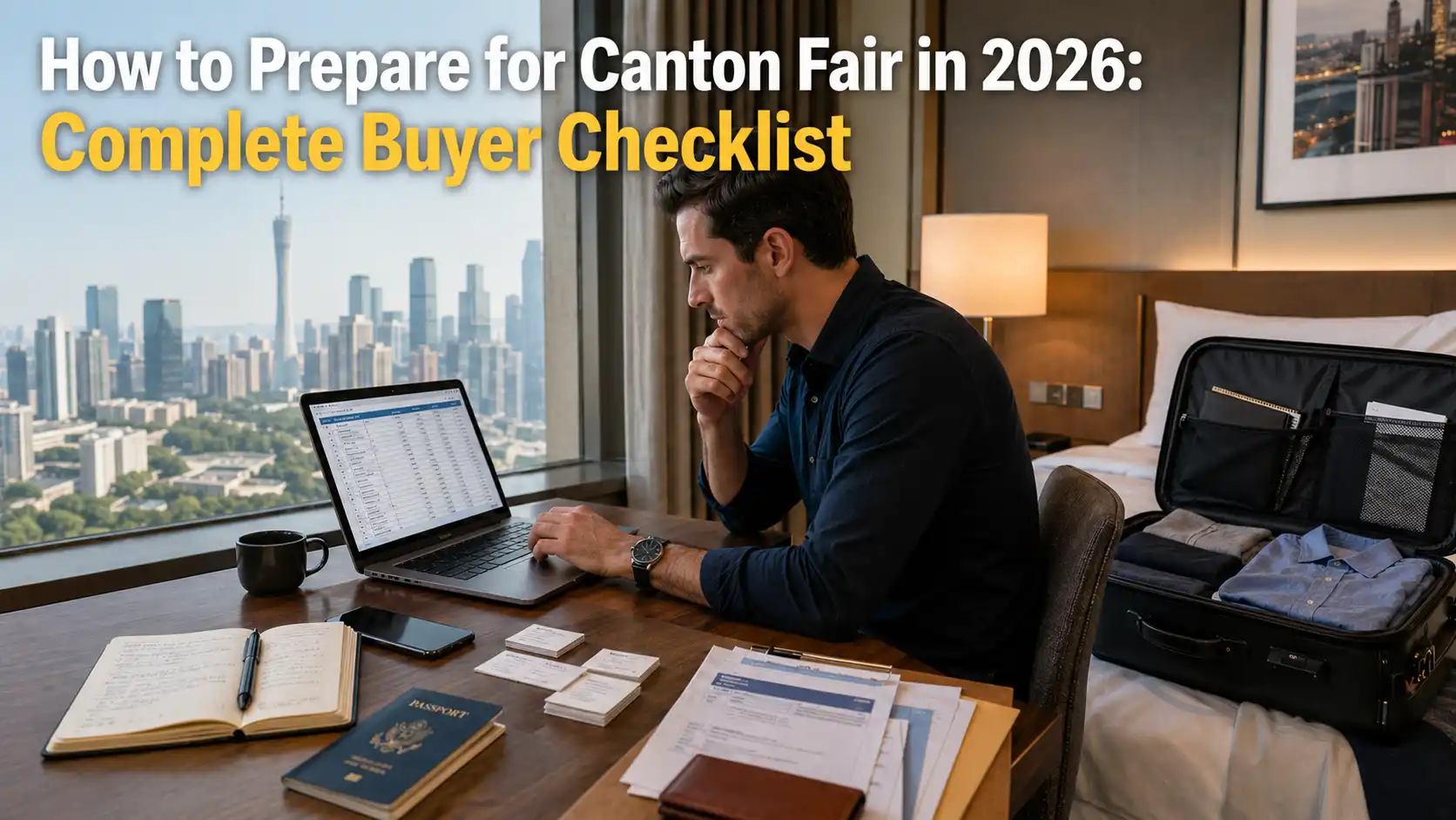 First-time international buyer preparing documents and supplier notes before visiting the Canton Fair in Guangzhou 