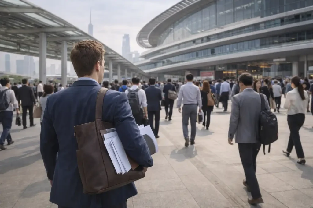 First-time international buyer arriving at the Canton Fair complex in Guangzhou with other trade fair attendees.