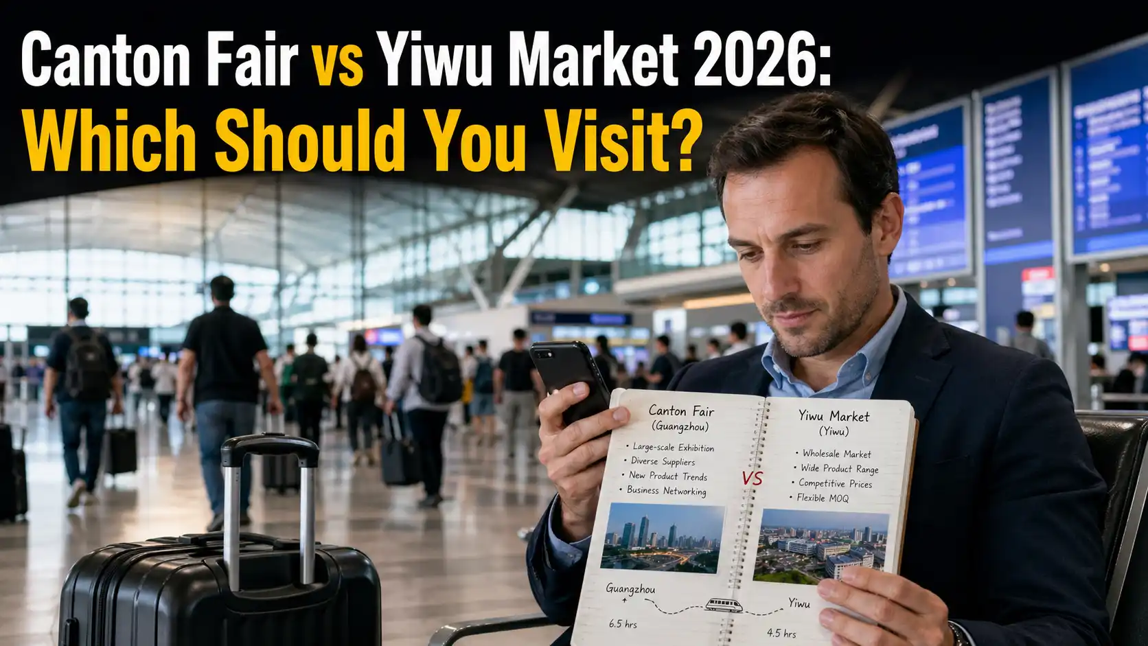 International buyer comparing travel plans for Canton Fair and Yiwu Market before a sourcing trip in China. 