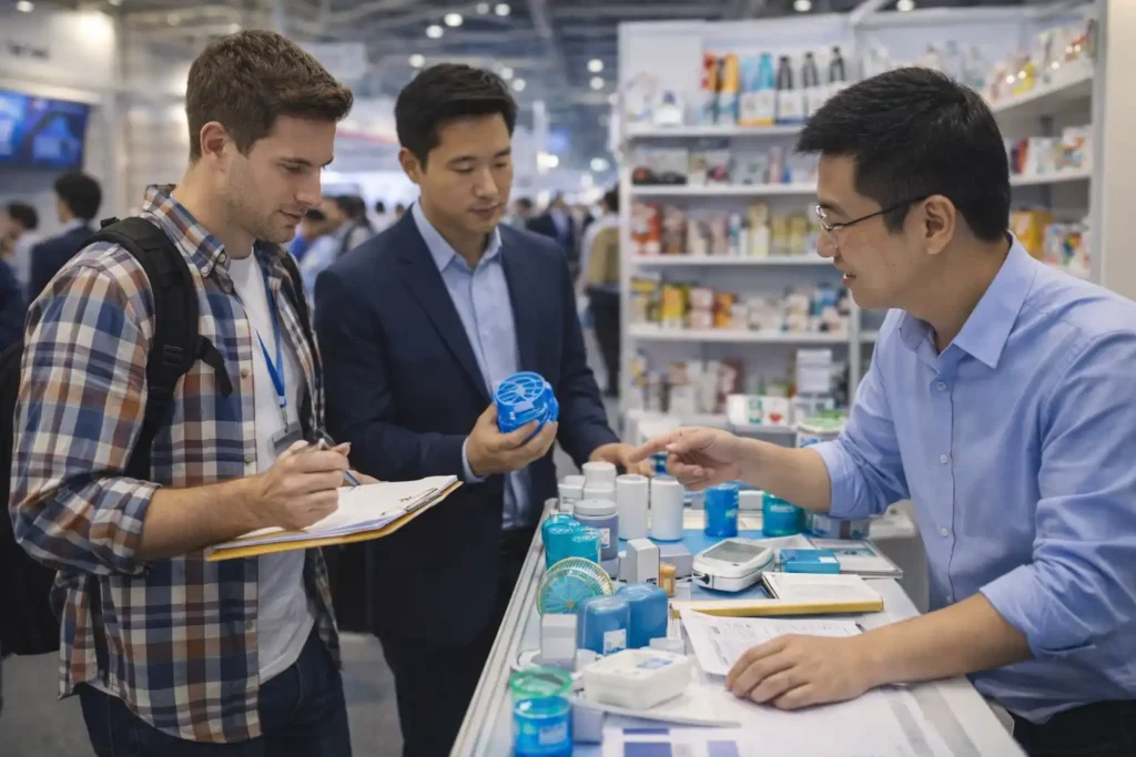 Business buyers meeting a supplier at a Canton Fair booth and reviewing product samples