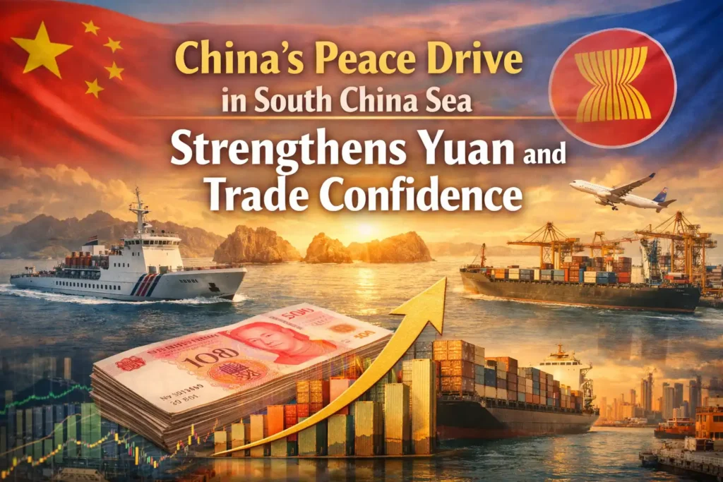 Graphic image shows China’s Peace Drive in South China Sea Strengthens Yuan and Trade Confidence.
