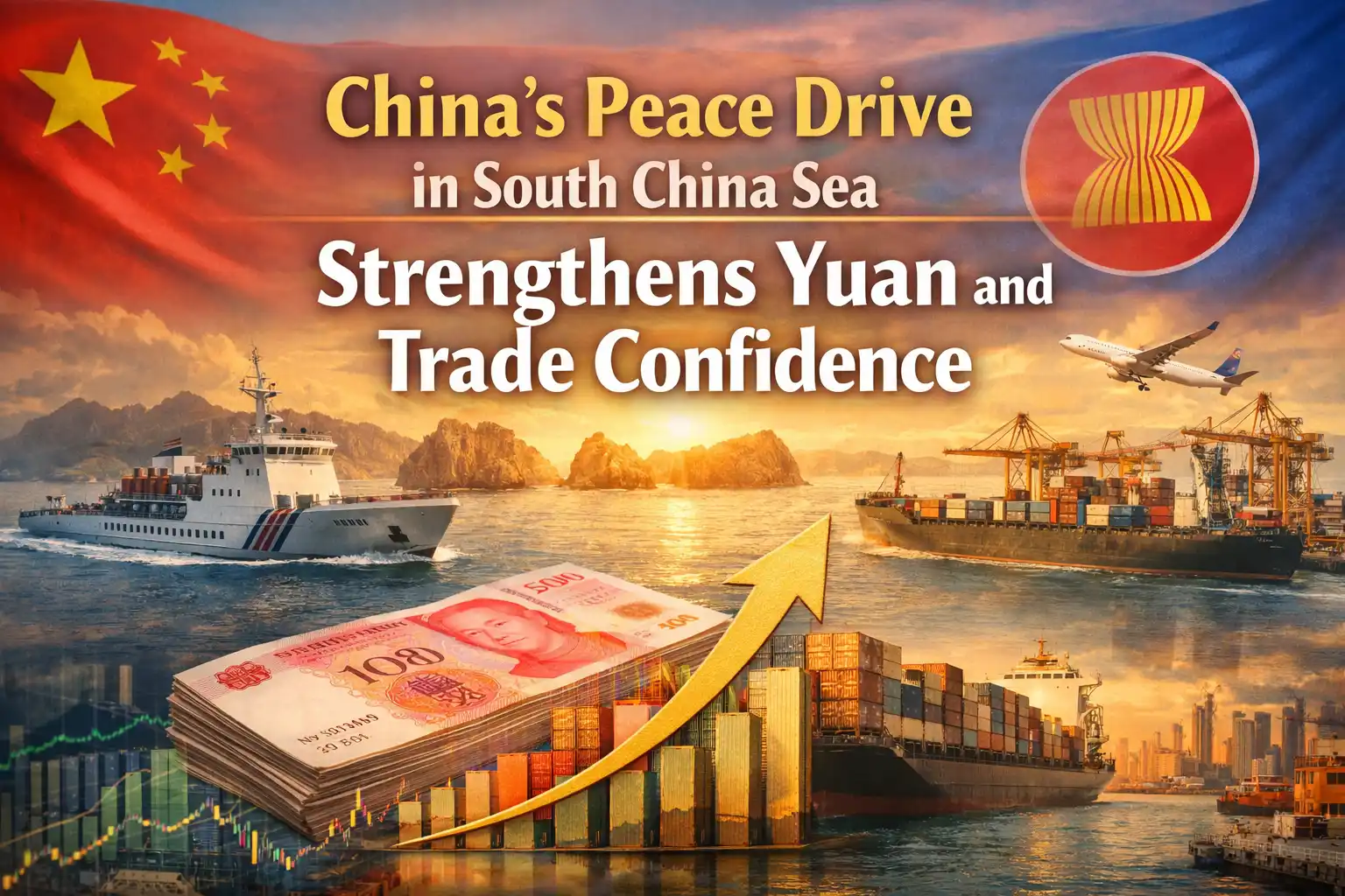Graphic image shows China’s Peace Drive in South China Sea Strengthens Yuan and Trade Confidence.
