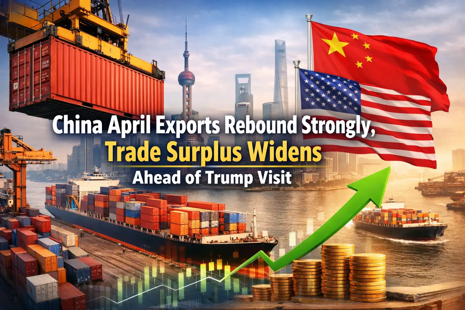 Graphic image shows China April Exports Rebound Strongly, Trade Surplus Widens Ahead of Trump Visit.
