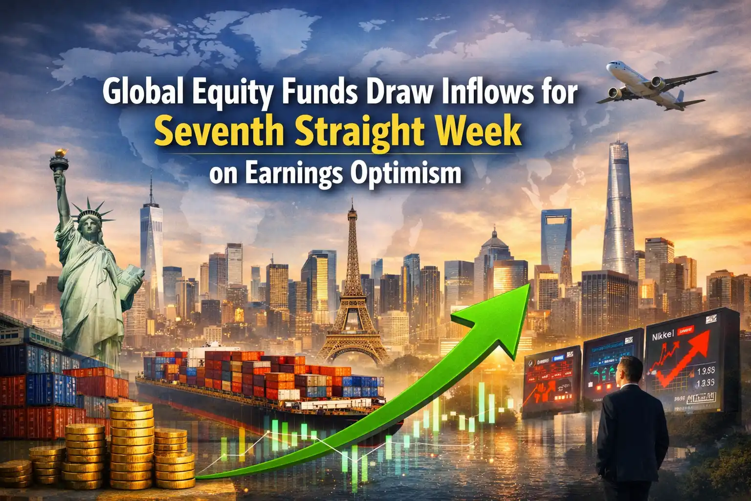 Graphic image shows Global Equity Funds Draw Inflows for Seventh Straight Week on Earnings Optimism.