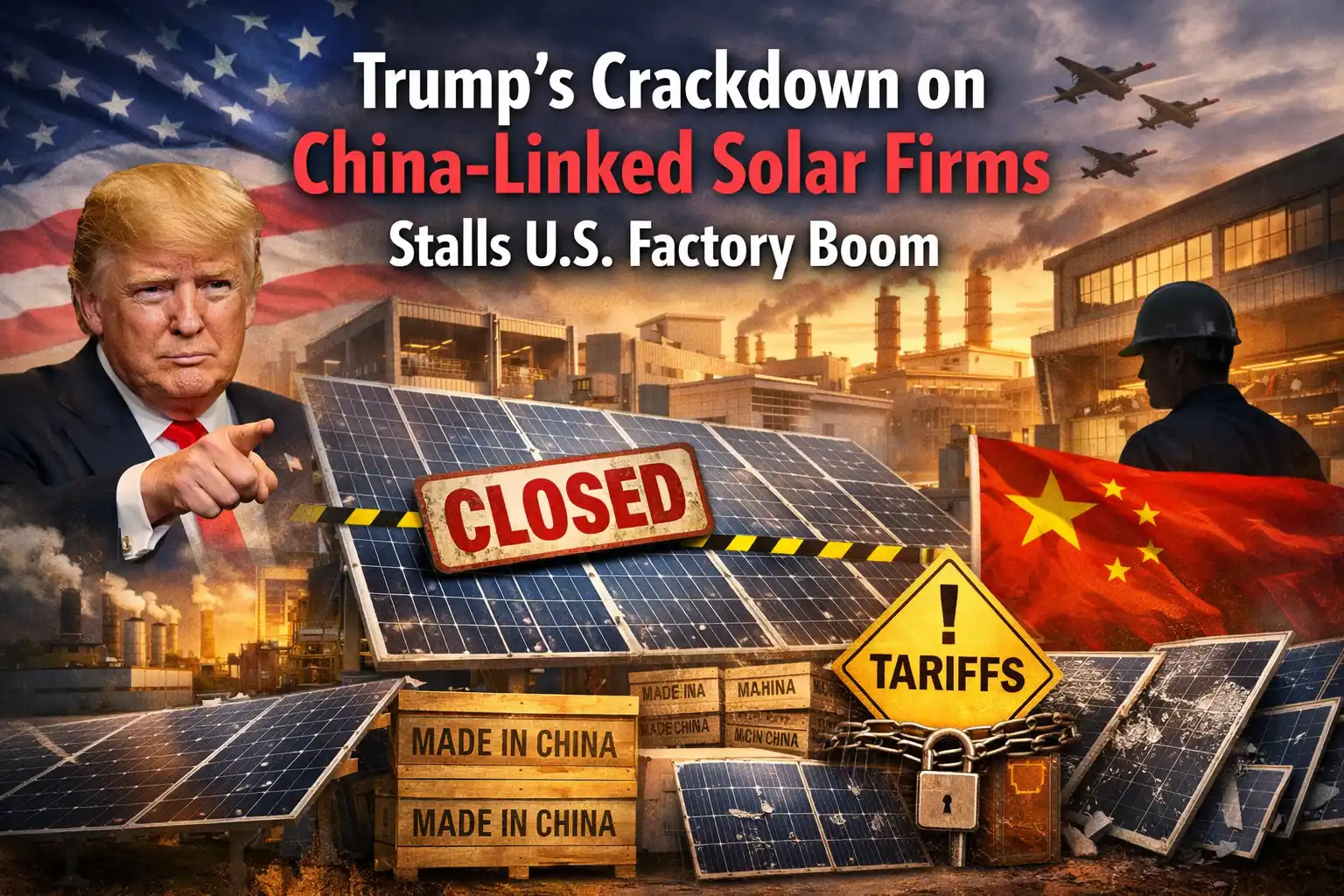 Graphic image shows Trump’s Crackdown on China-Linked Solar Firms Stalls U.S. Factory Boom.