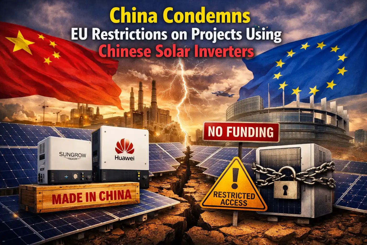 Graphic image shows China Condemns EU Restrictions on Projects Using Chinese Solar Inverters.
