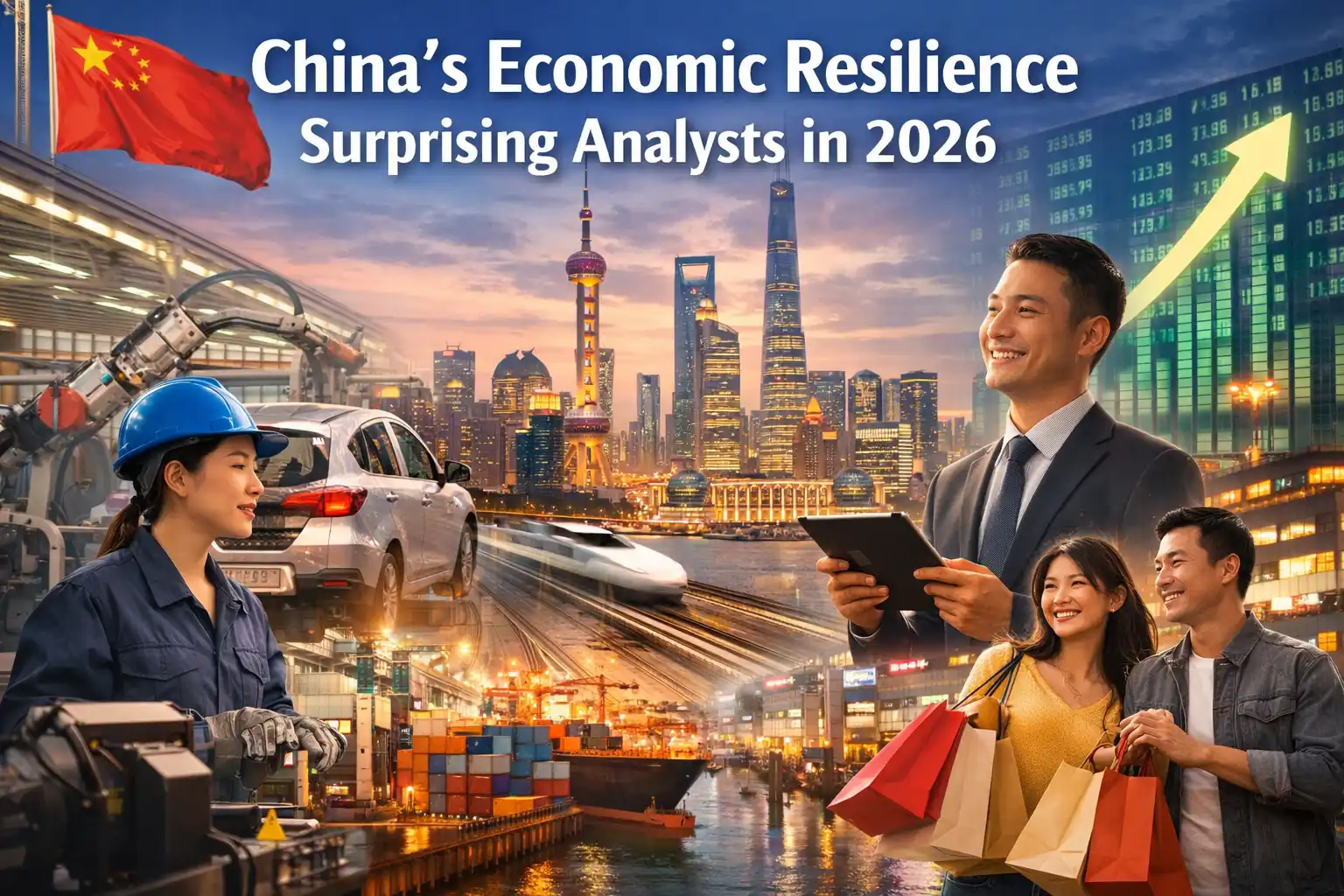 Graphic image shows China’s economic resilience surprising analysts in 2026.