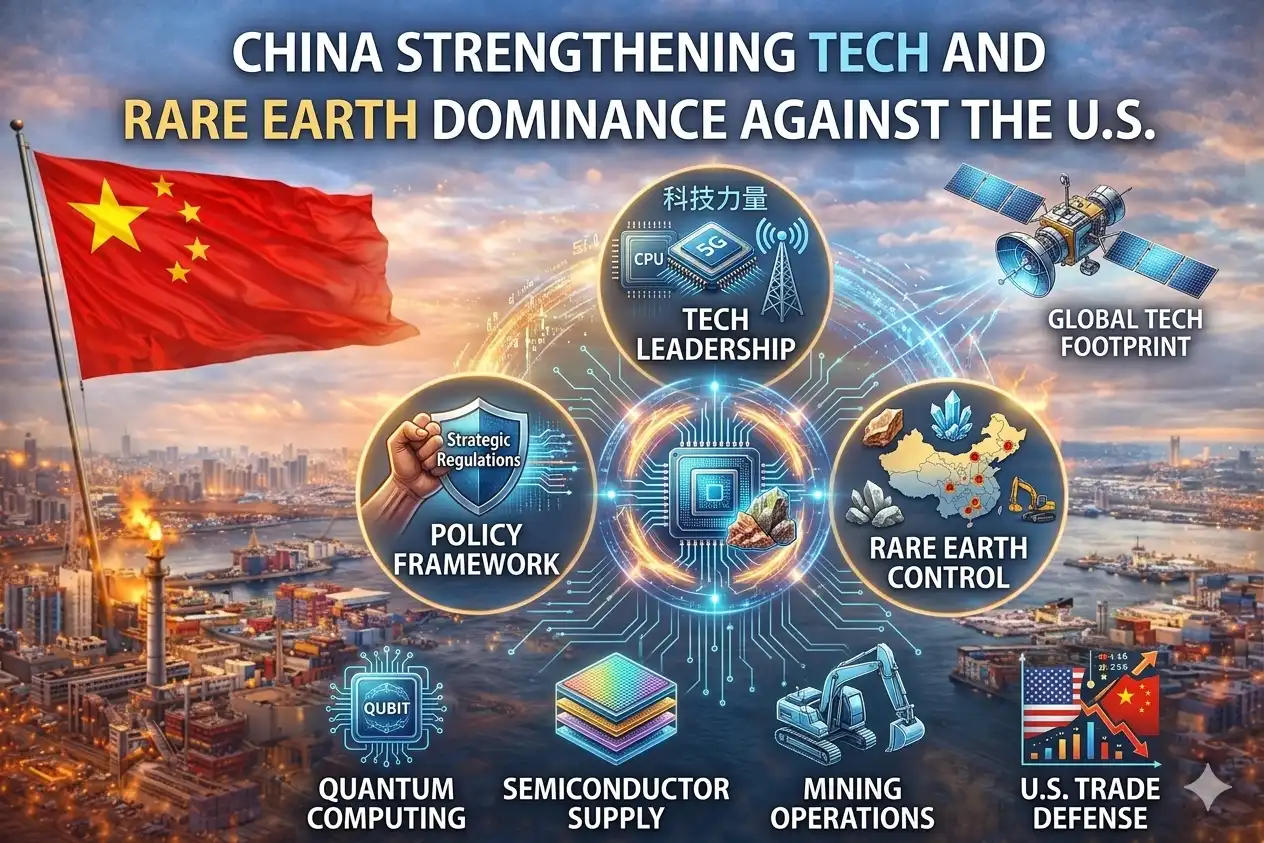 Graphic image shows China strengthening tech and rare earth dominance against the U.S.
