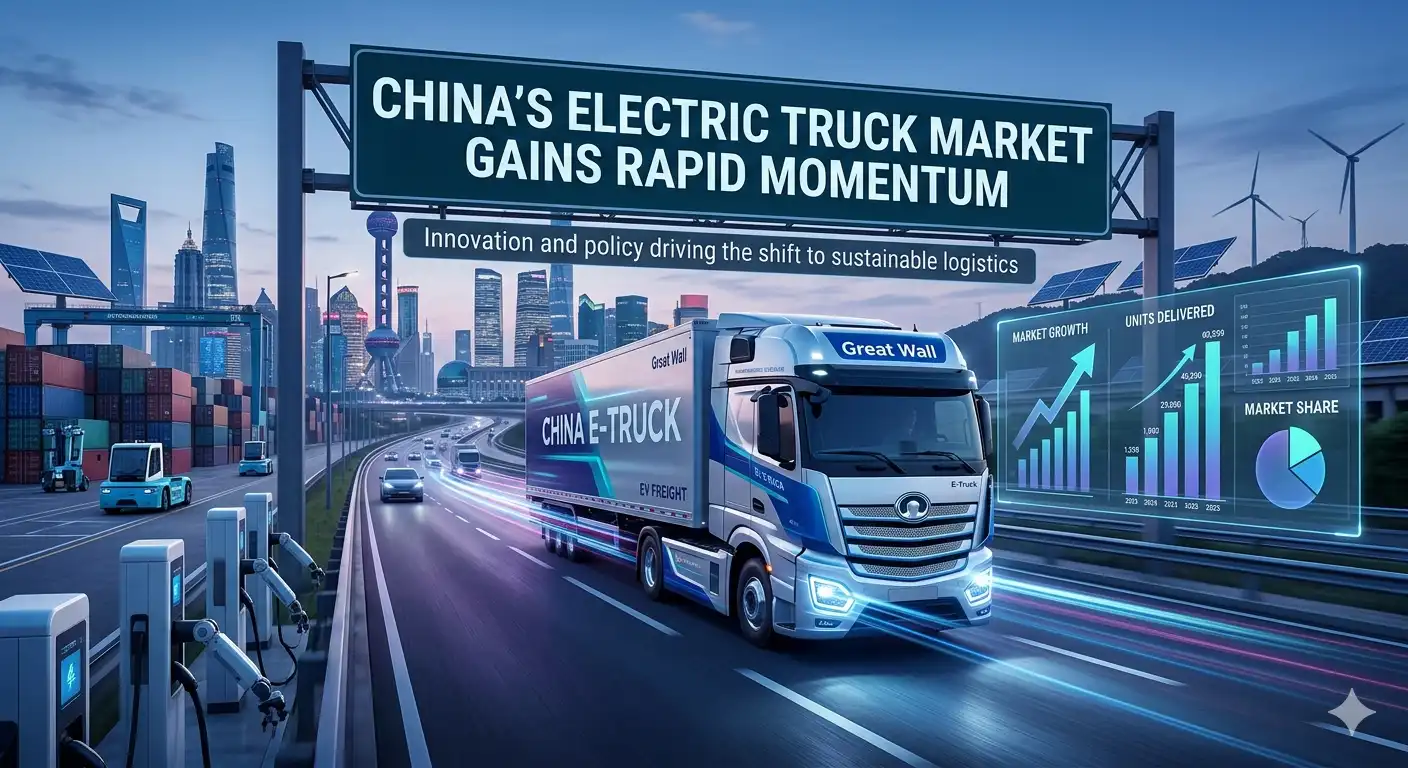 Graphic image shows China’s Electric Truck Market Gains Rapid Momentum.