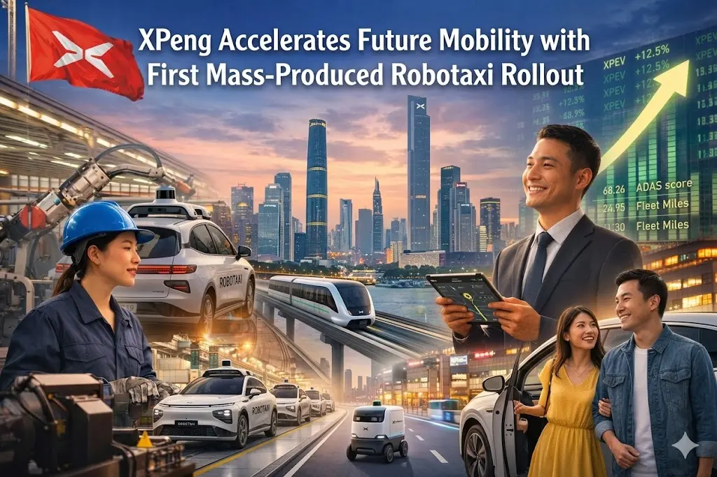 Featured image shows "XPeng Accelerates Future Mobility with First Mass-Produced Robotaxi Rollout"
