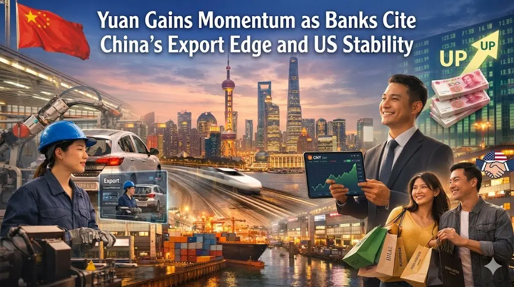 Featured image shows "Yuan Gains Momentum as Banks Cite China’s Export Edge and US Stability"