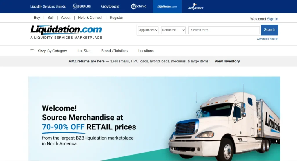Liquidation.com homepage screenshot showing a B2B liquidation marketplace for buying returns and overstock, with search filters, category navigation, and a “source merchandise at 70–90% off retail” banner.