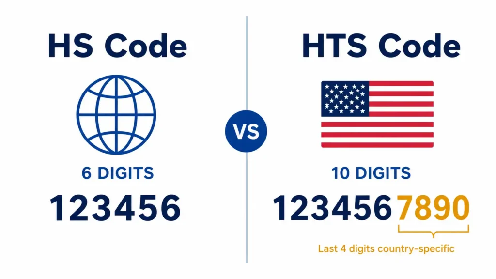 Visual breakdown comparing HS code 6-digit structure and HTS code 10-digit structure with color-coded digit segments. 
