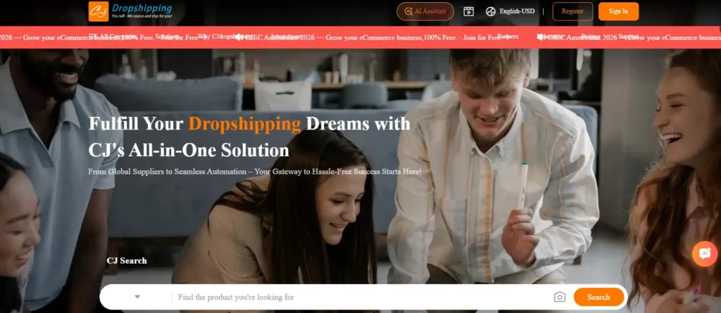 CJ Dropshipping homepage screenshot showing a global dropshipping platform with product search, supplier navigation, AI assistant option, and hero banner for sourcing trending products at low unit cost.