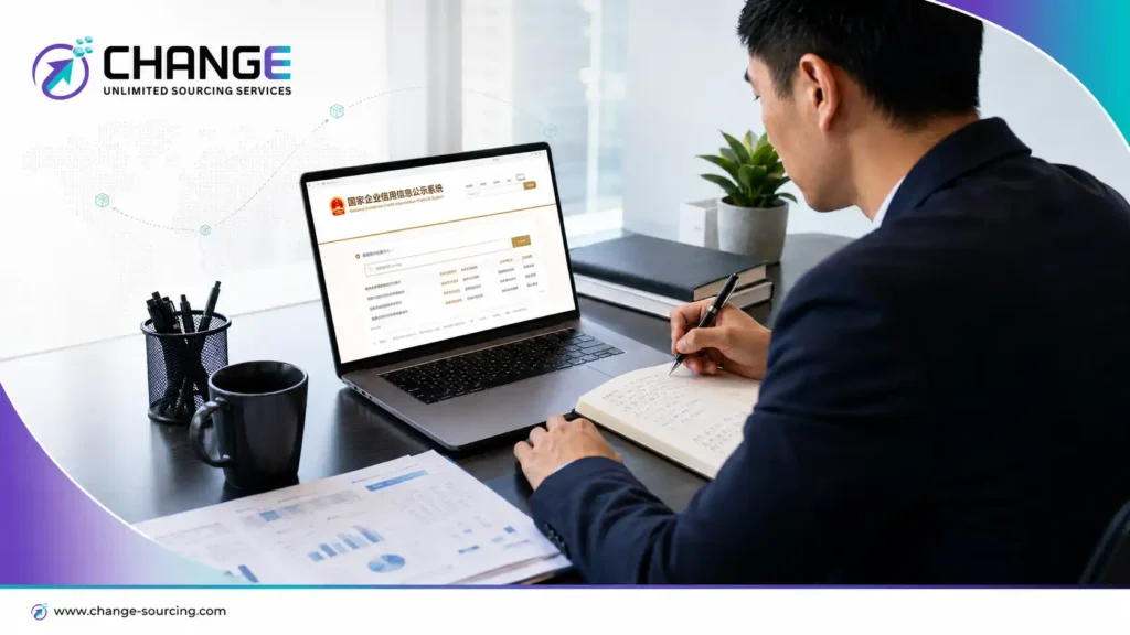 Change Sourcing branded image showing a man verifying a Chinese supplier or business registration online before payment, while taking notes beside sourcing documents in an office setting.