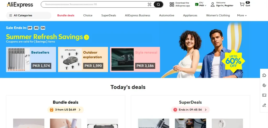AliExpress homepage screenshot showing search bar, product categories, seasonal sale banner, and daily deals section for online sourcing research.