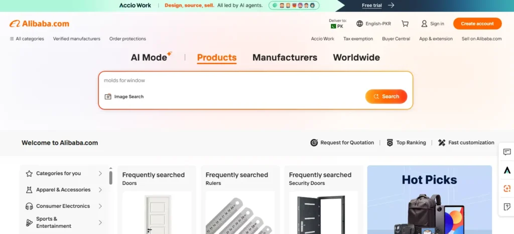 Alibaba homepage screenshot showing product search, verified manufacturer options, sourcing tools, categories, and product recommendations for international bulk sourcing.