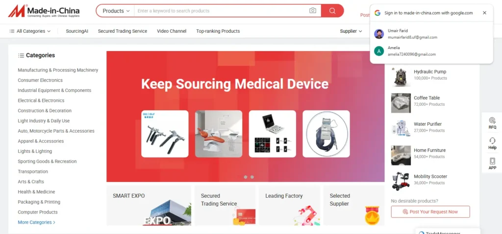Made-in-China homepage screenshot showing industrial and machinery sourcing categories, product search bar, medical device promotion, supplier tools, and bulk product listings.