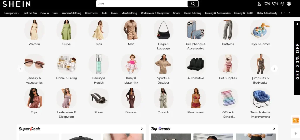 SHEIN homepage screenshot showing fashion product categories, search bar, promotional discount banner, and low-cost wholesale-style shopping options for bulk buyers.