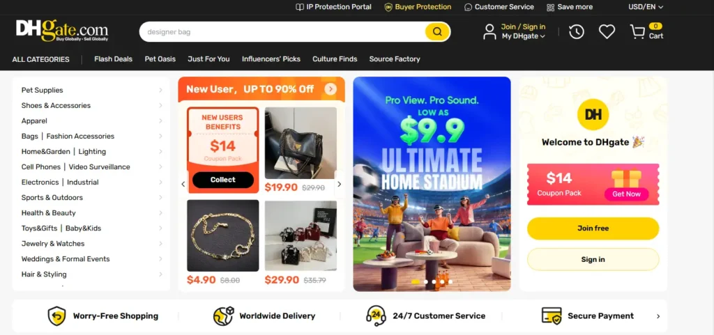 DHgate homepage screenshot showing product categories, promotional banners, free shipping, worldwide delivery, customer service, and secure payment features.